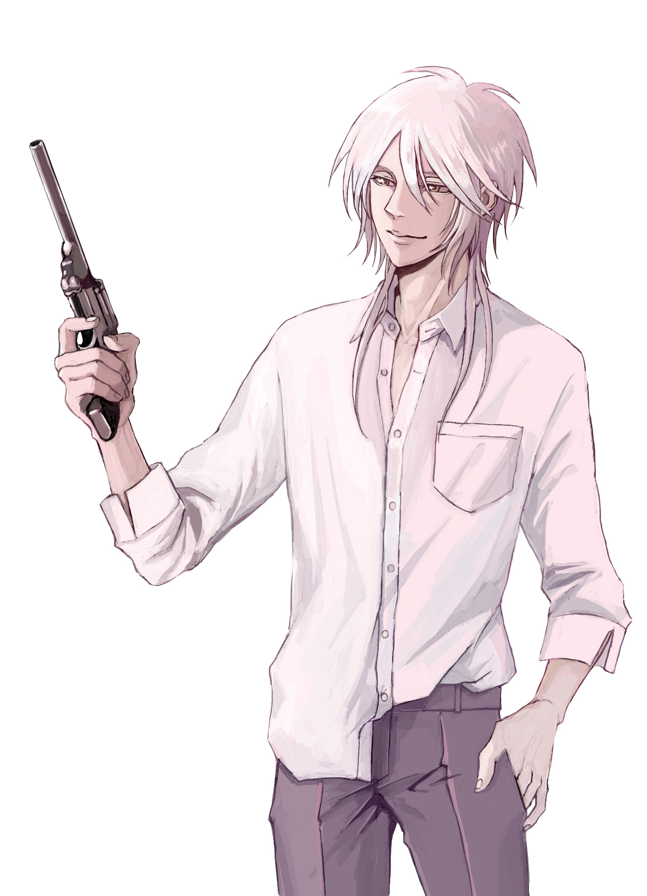 灰色長髪で白シャツに薄紫色のズボンを身に付けた青年が拳銃を右手に持ち、微笑んでいるイラスト