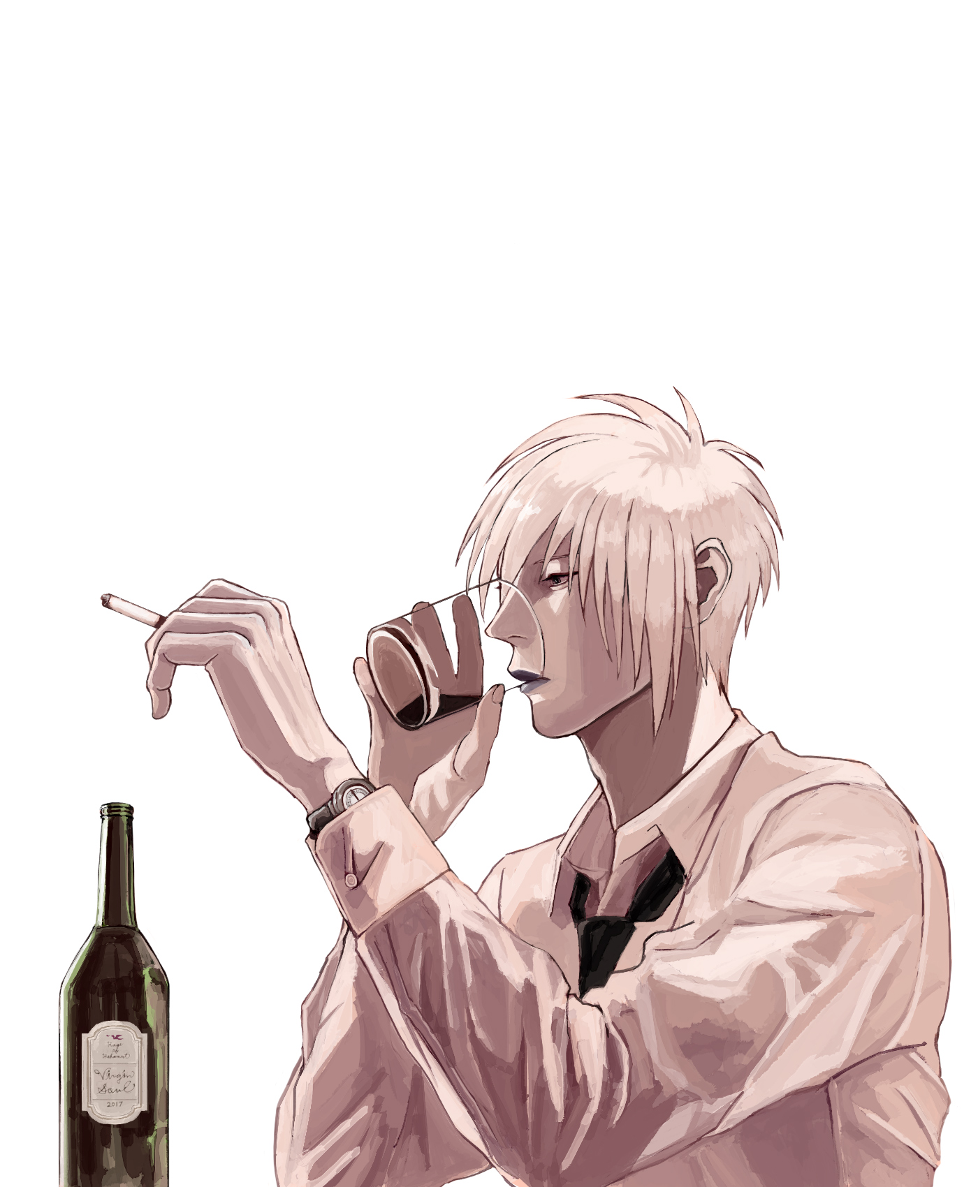 白髪で短髪の白ワイシャツに黒ネクタイを絞めた青年が、お酒を飲んでいるイラスト