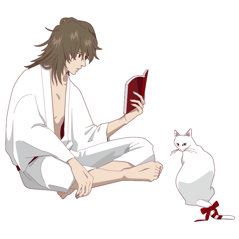 白い着物を着た長髪の男性が微笑みながら本を読み、傍にいる白い猫がこちらを向いているイラスト。