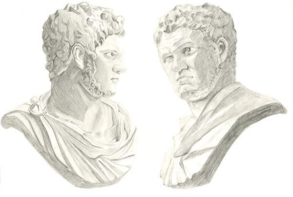 石膏像「カラカラ」を右側・左側二つのアングルから描いたデッサン画像。