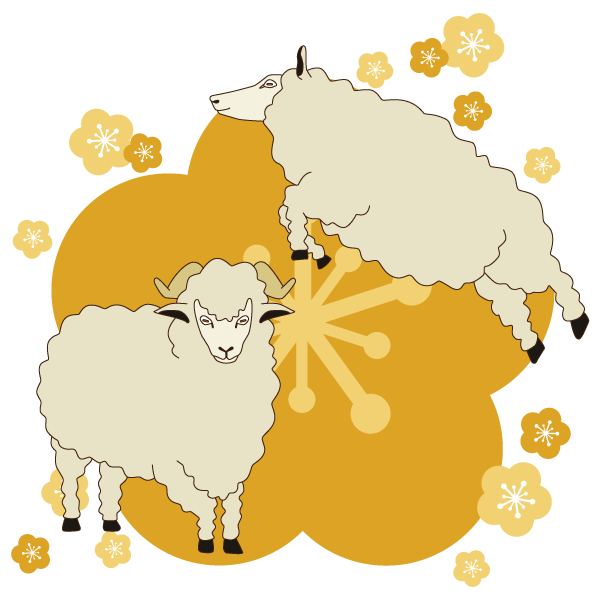 二頭の羊と梅の花が描かれた未年用のイラスト。